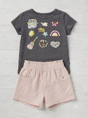 Girls Charcoal Graphic Tee & Blush Pink Shorts Matching Set